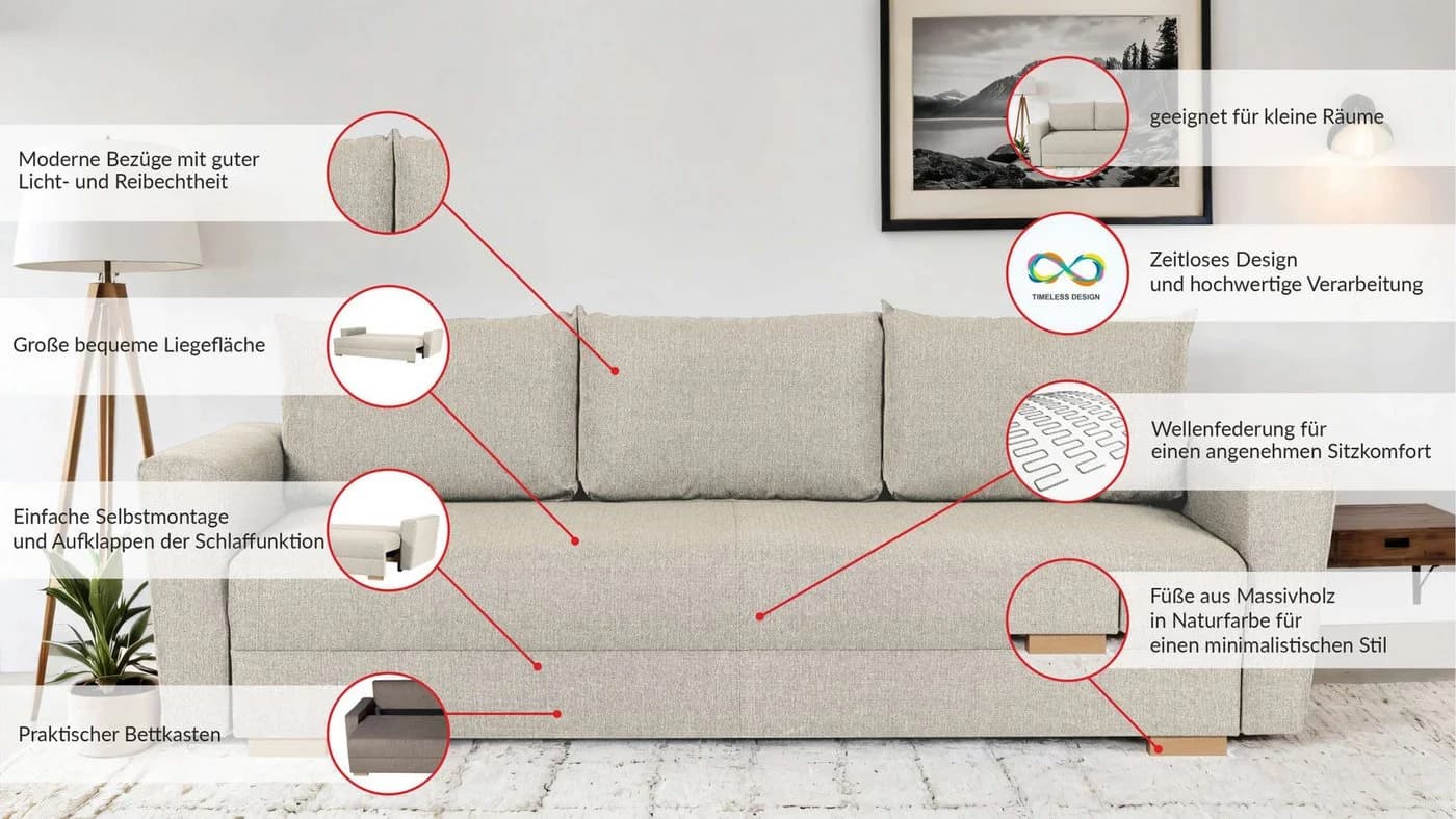 Home affaire Schlafsofa MAGHERA 3-Sitzer Beige mit Bettkasten - Bild 3