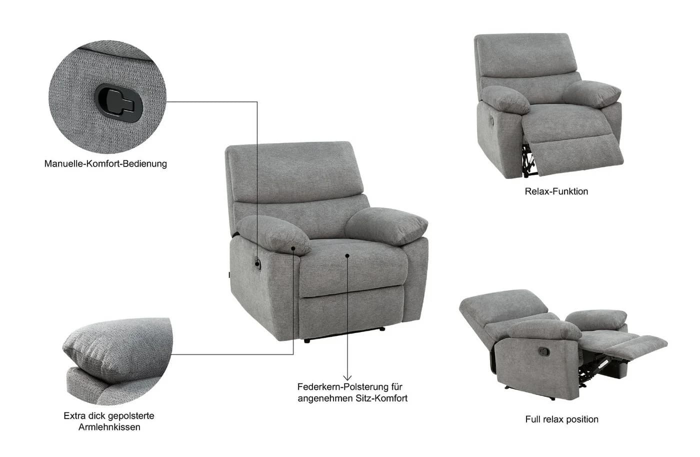 HOME AFFAIRE Relaxsessel LANNOY Hellgrau mit Relaxfunktion und USB - Bild 3