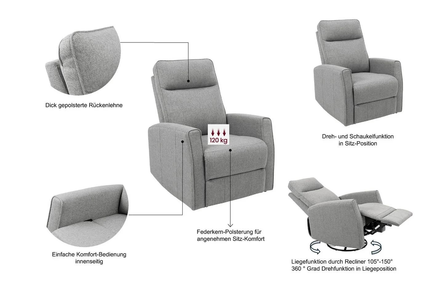 OTTO HOME Relaxsessel KAYLI Taupe mit Schaukel-, Dreh- und Liegefunktion - Bild 3