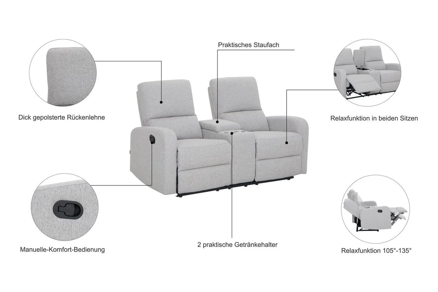HOME AFFAIRE TOURNAY 2-Sitzer Sofa Dunkelgrau Relaxfunktion - Bild 3