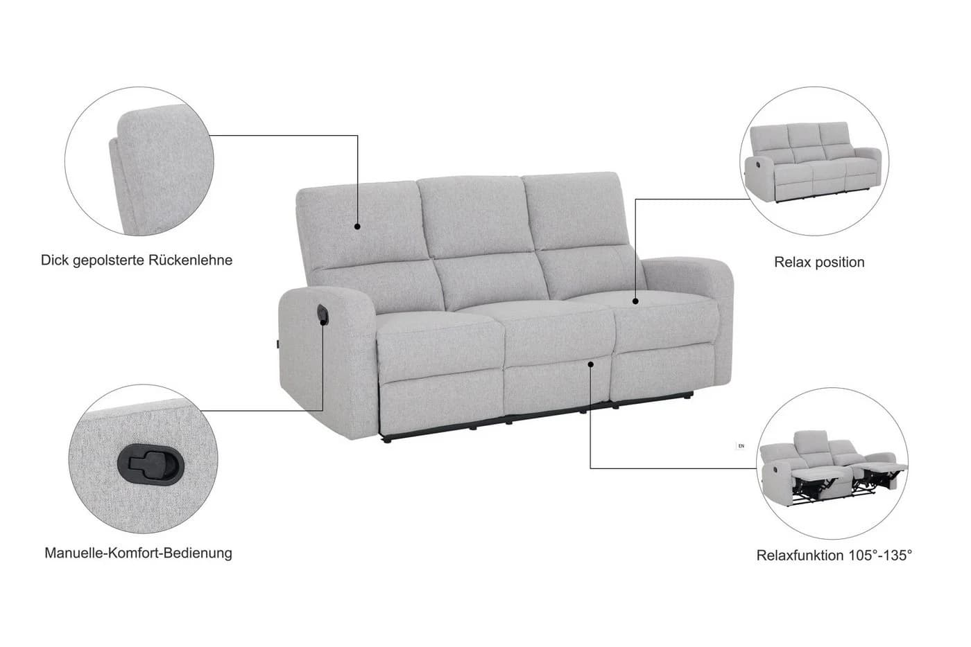 HOME AFFAIRE TOURNAY 3-Sitzer Sofa Dunkelgrau mit Relaxfunktion - Bild 3