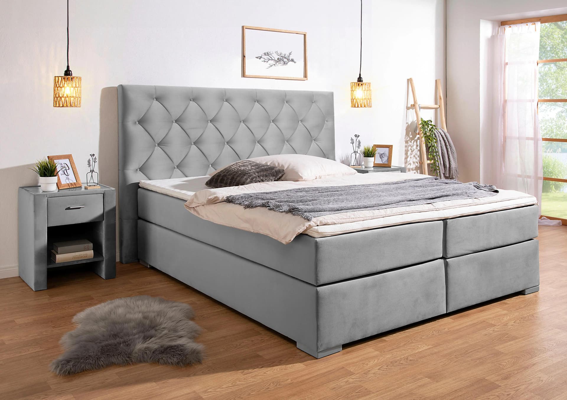 Home Affaire Boxspringbett Chalon Grau mit Komfortschaum-Topper