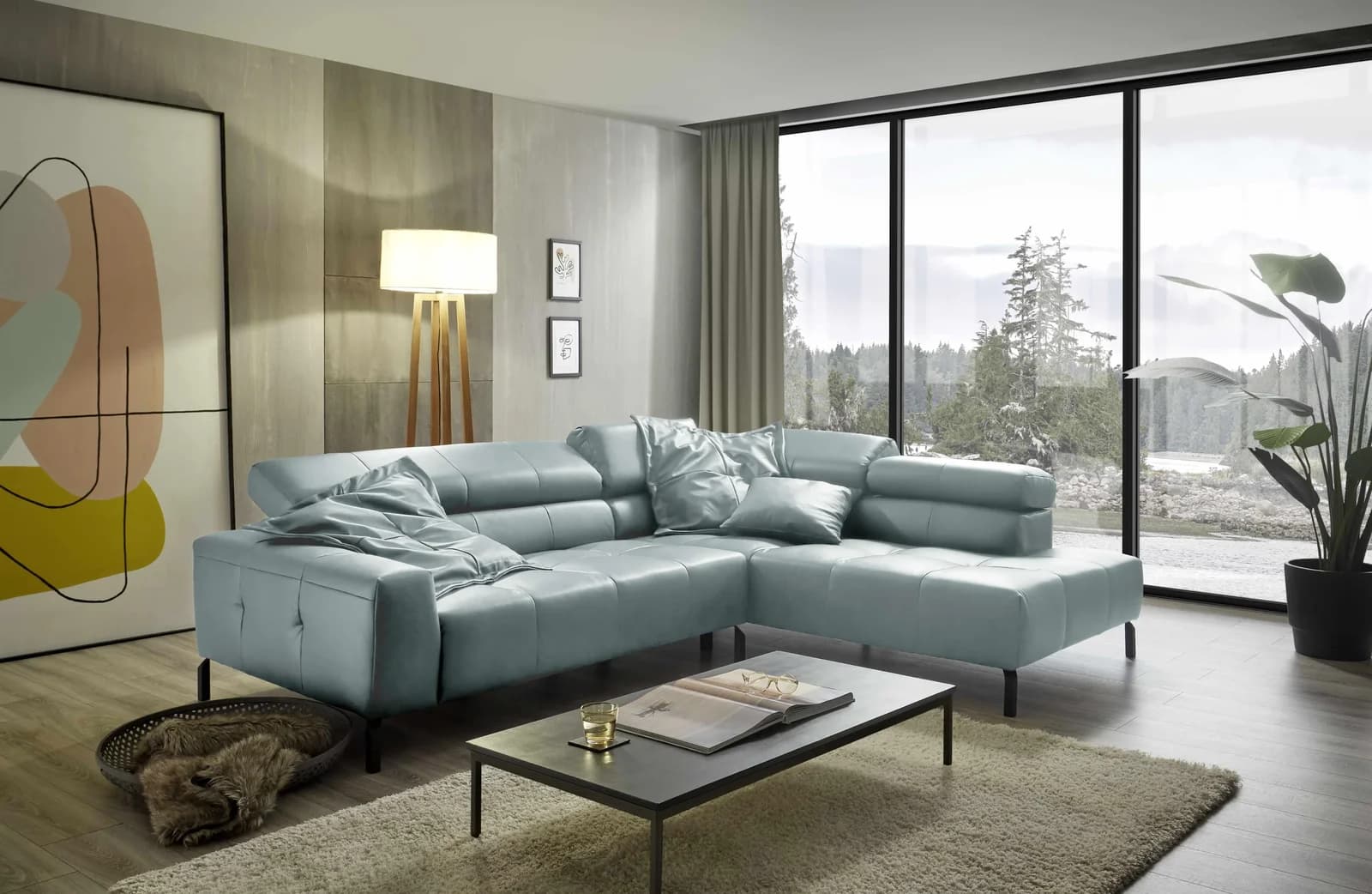 Home Affaire Ecksofa Claya L-Form 100% Leder Blau mit Kopfteilverstellung