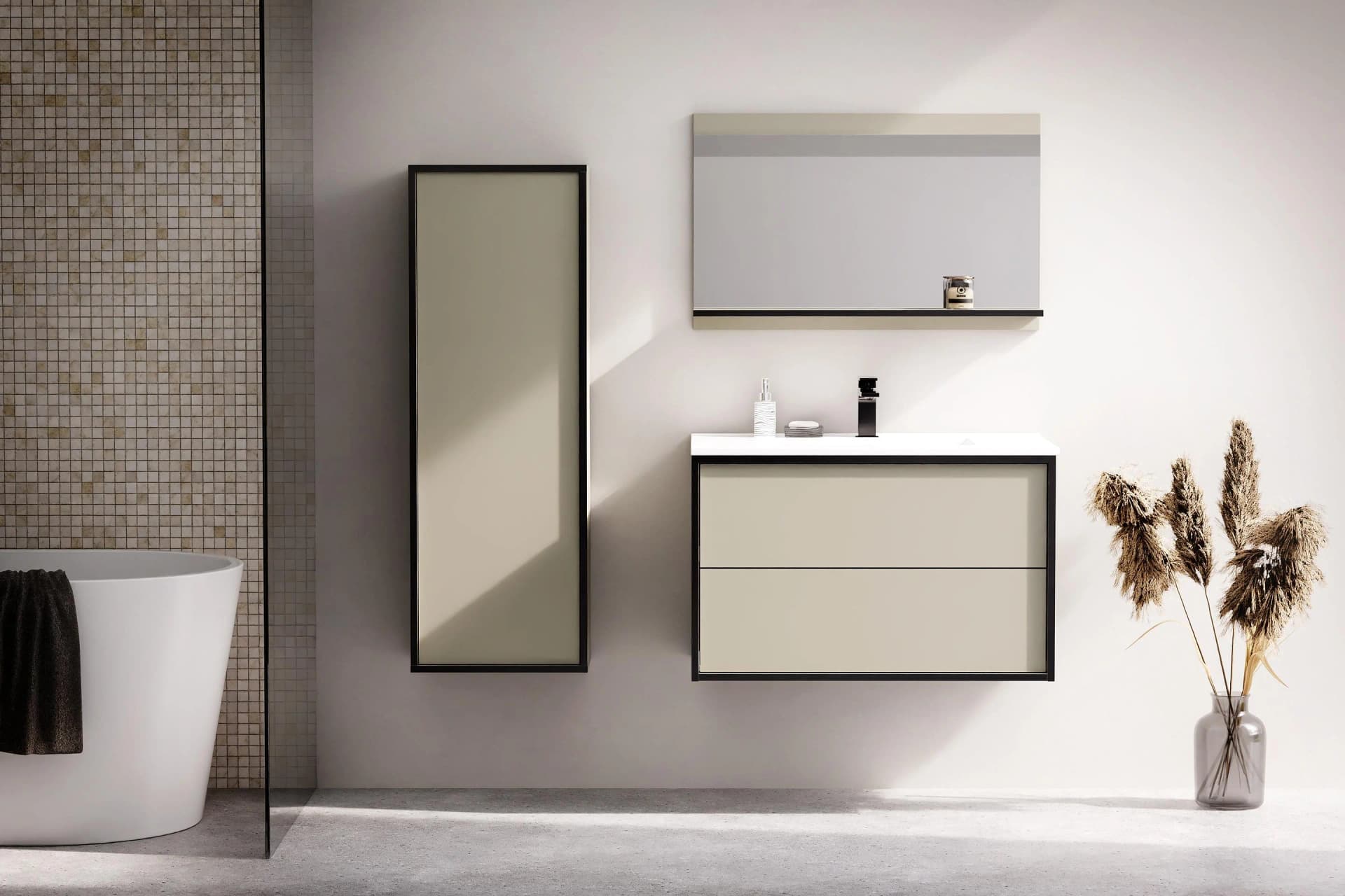 Welltime Waschtisch Line mit Waschbecken, Badmöbel, zwei Schubladen, Beige
