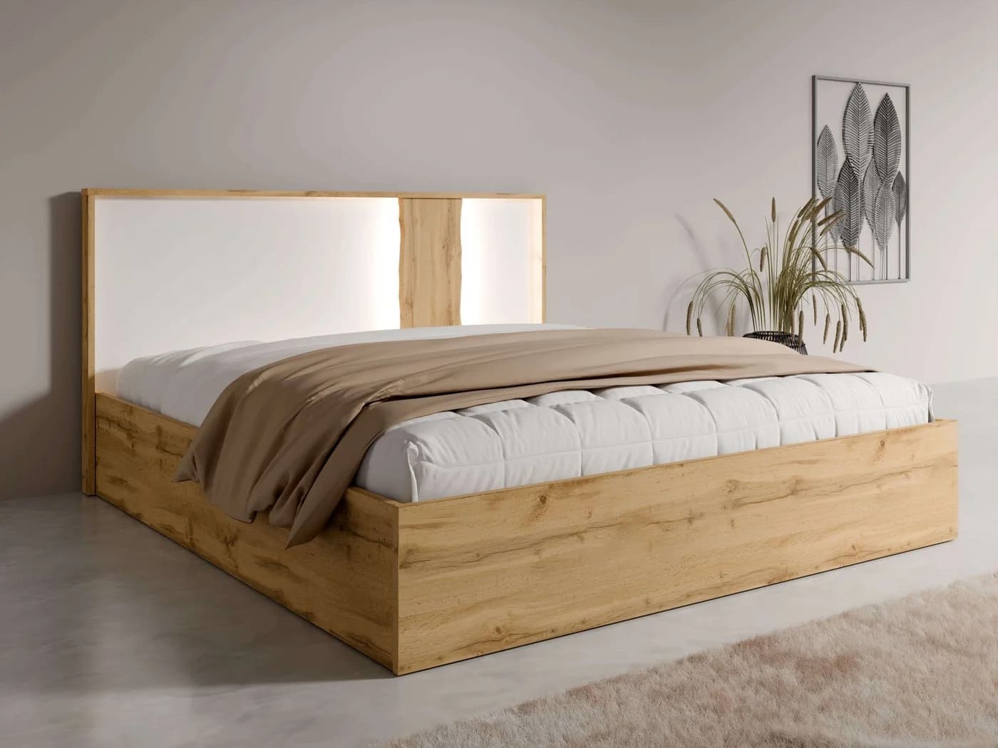 Home Affaire Bett Fabella mit Stauraum und LED-Beleuchtung Weiß/Natur - Bild 2