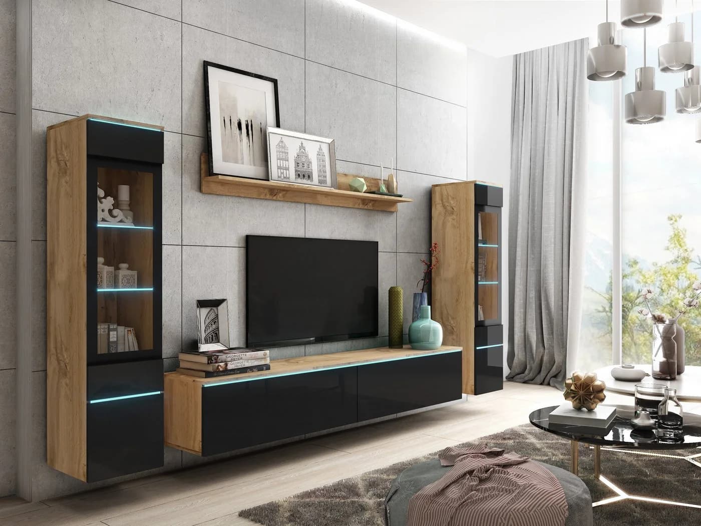 HOME AFFAIRE VERA II Wohnwand Set Schwarz Hochglanz mit LED