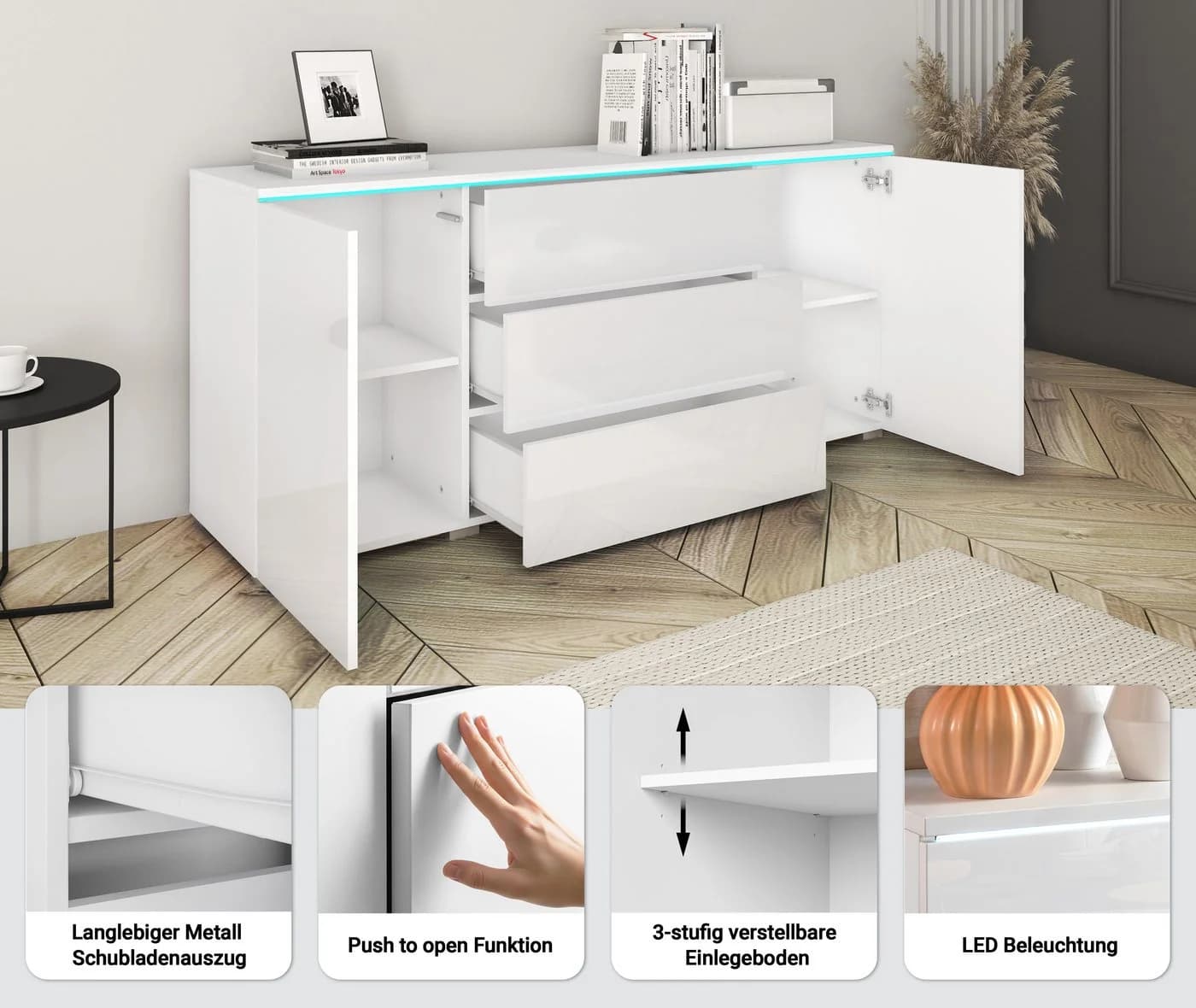 HOME AFFAIRE Sideboard VERA Weiß Hochglanz Eiche Push-to-Open - Bild 3
