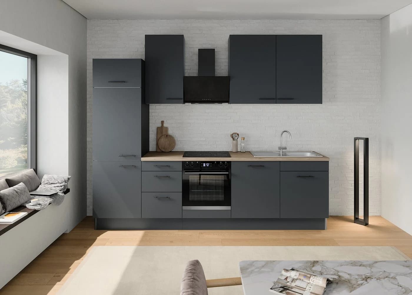 OPTIFIT Küchenzeile Fiona 290 cm Anthrazit Aluminiumgriffe