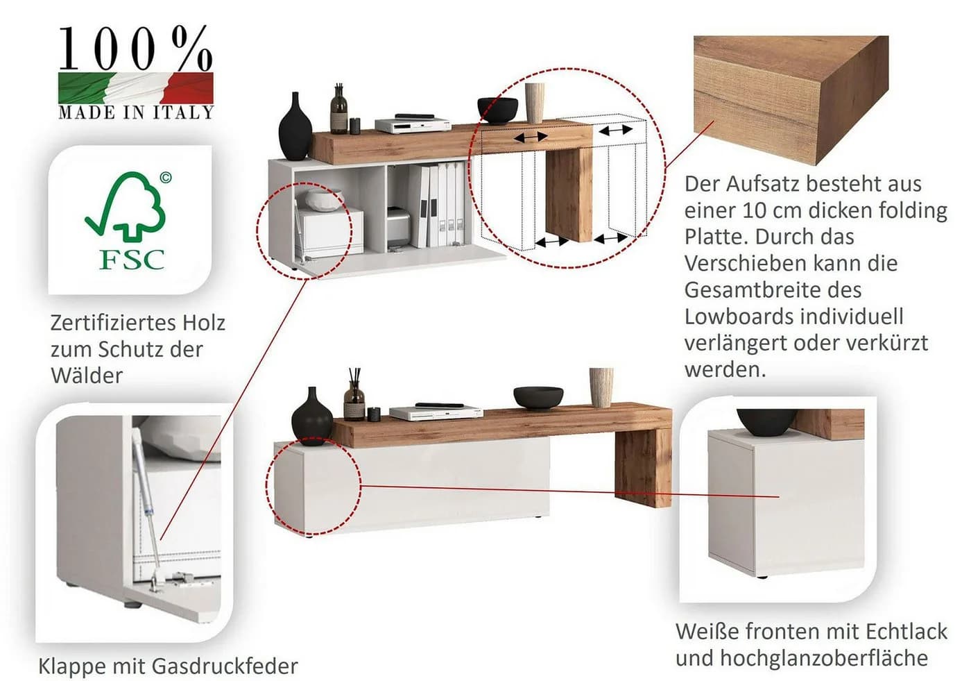 OTTO home Lowboard Chronos TV-Board Weiß Hochglanz Eiche Wotan - Bild 3
