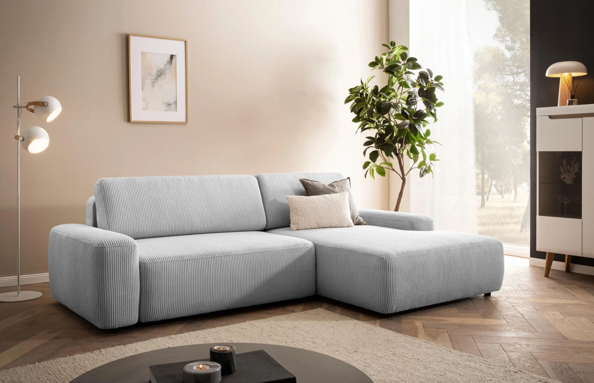 Ecksofa Schlafsofa in grau (hellgrau) aus Polyester, Cord und Samtvelours