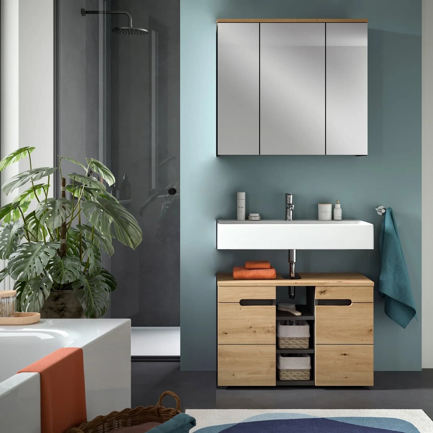 WELLTIME Spiegelschrank REHAT 3-tlg. Grau Eiche Soft-Close