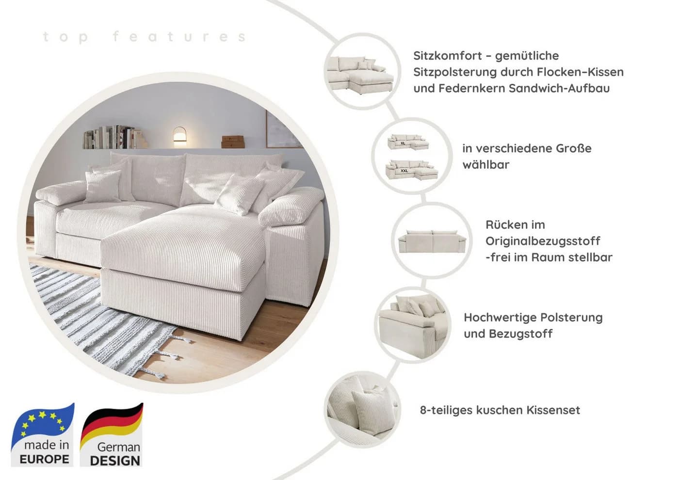 HOME AFFAIRE Ecksofa Soft&Cosy XL L-Form Dunkelgrün Cord - Bild 3