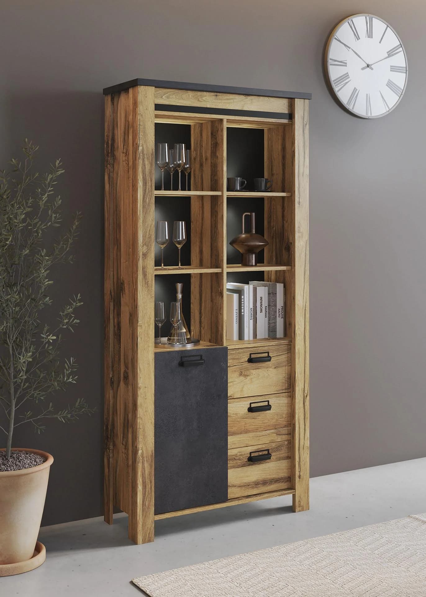 Vitrine HOME AFFAIRE York Hochschrank Hunton Oak Dekor Grau