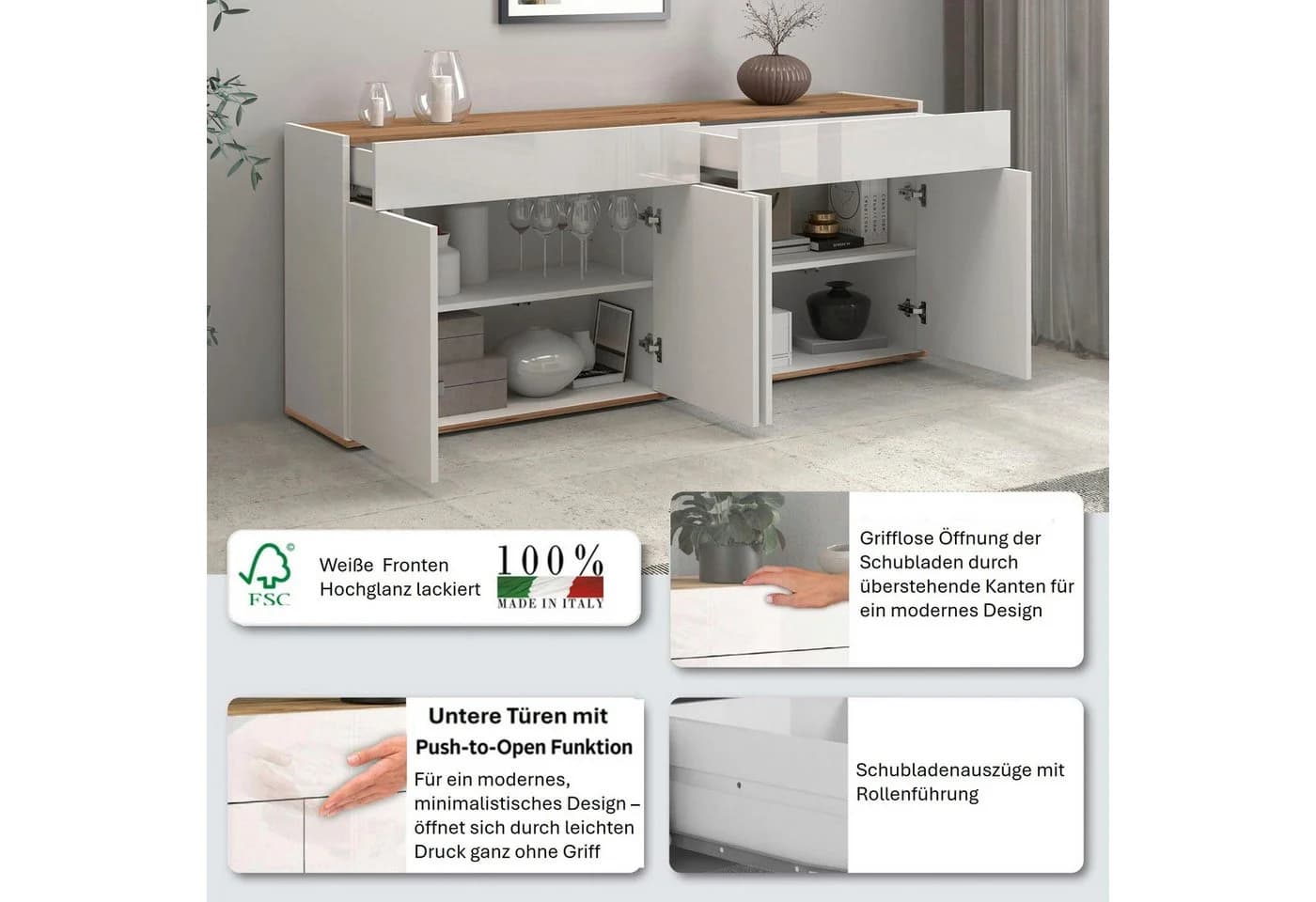 OTTO HOME Sideboard Garda 4 Türen Weiß Hochglanz Eiche wotan - Bild 3