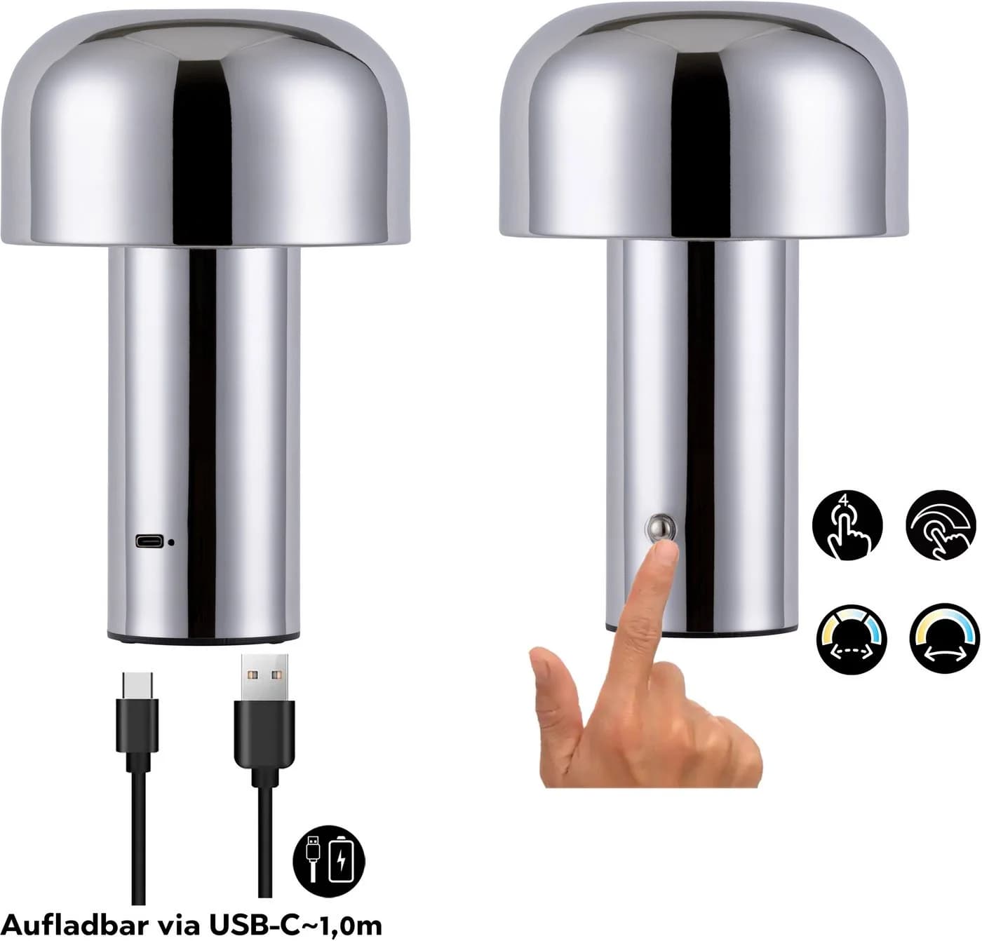 OTTO HOME LED Tischleuchte Ronno Chrom Dimmbar Farbwechsel USB-C Akku - Bild 3