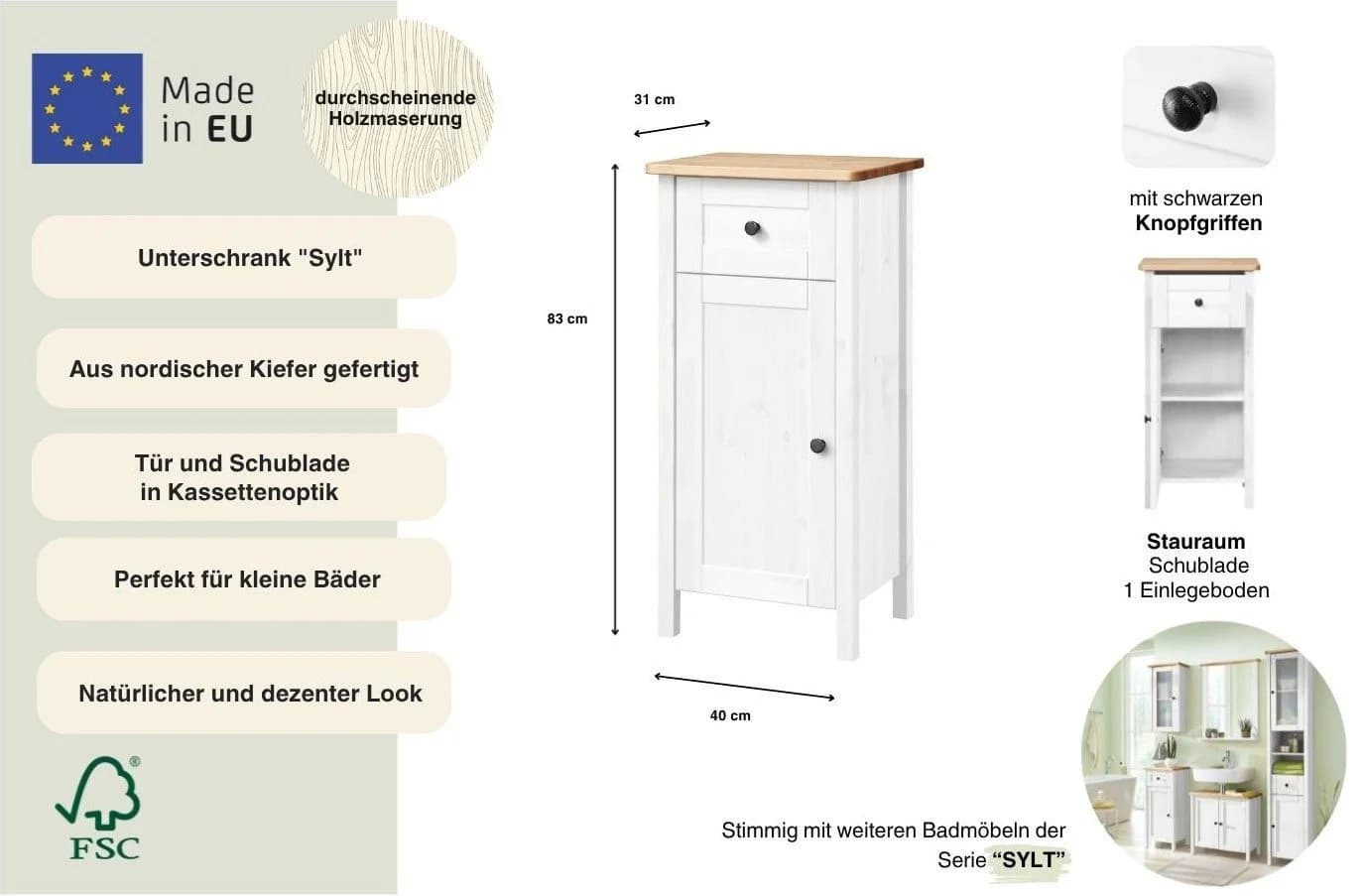 WELLTIME Unterschrank Sylt Massivholz Kiefer weiß - Bild 3