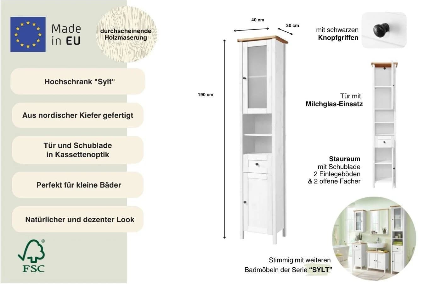 WELLTIME Hochschrank Sylt Weiß Honig Massivholz - Bild 3