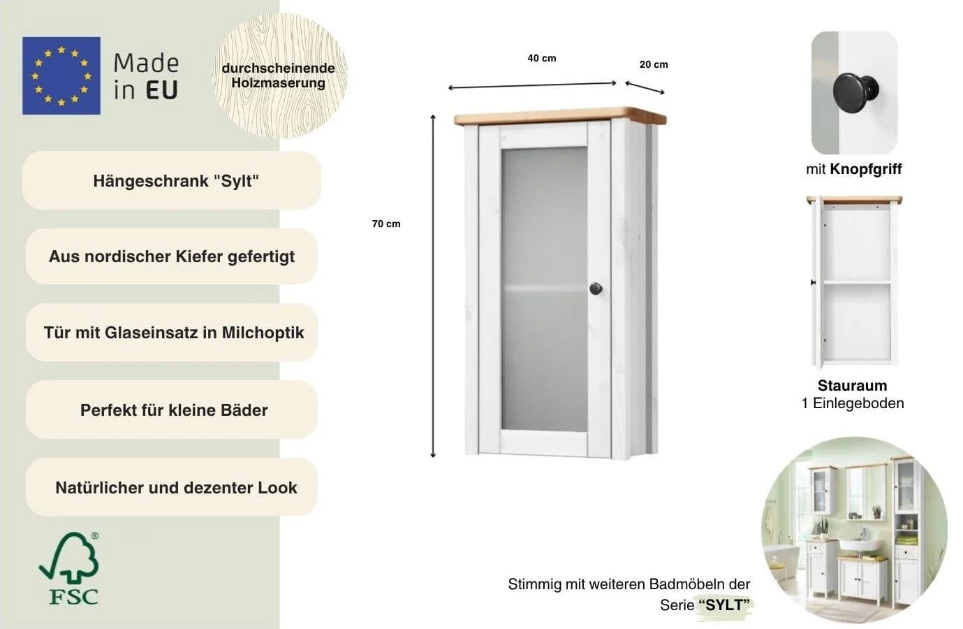 WELLTIME Hängeschrank Sylt Weiß Honig Massivholz Kiefer - Bild 3