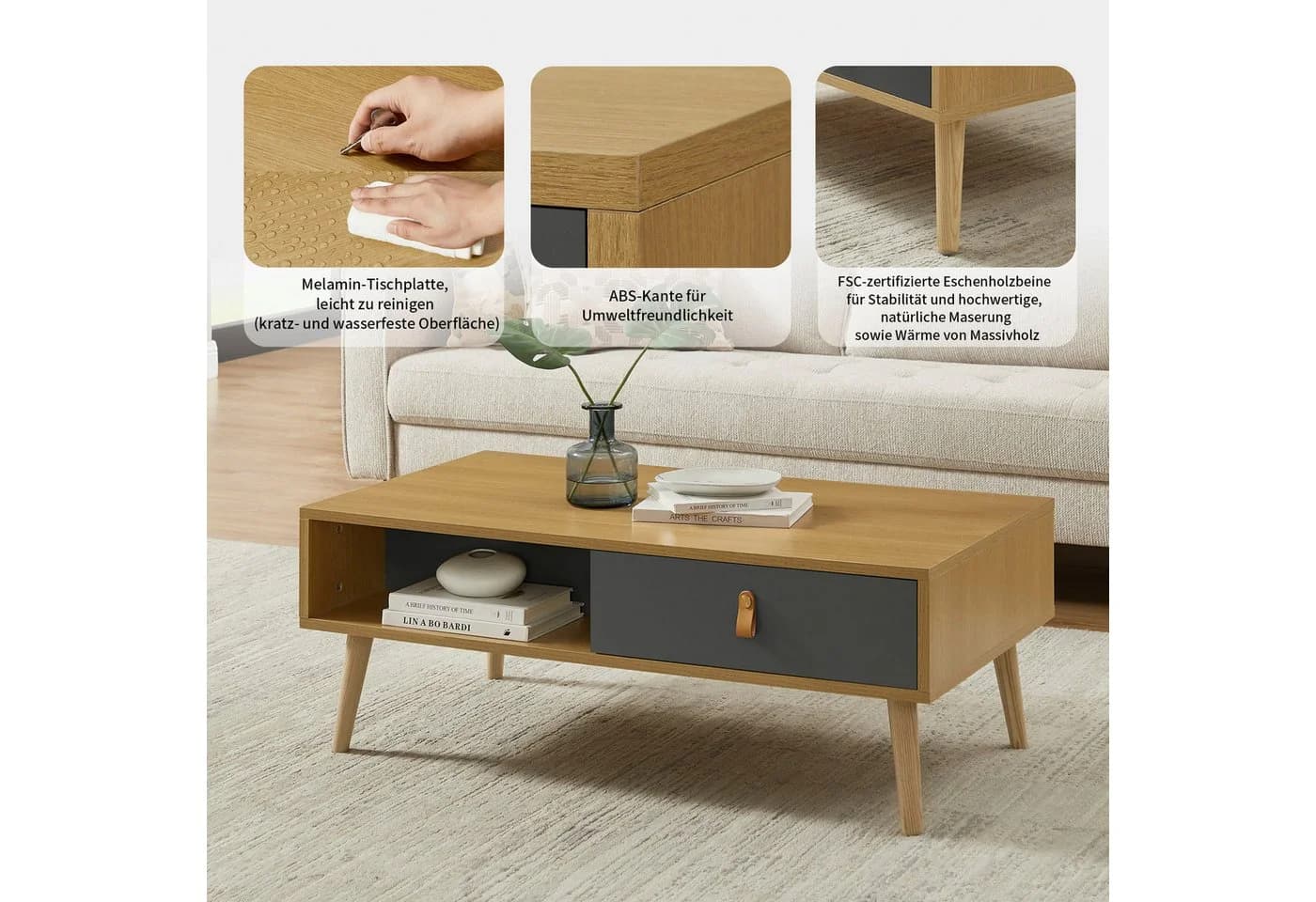 Couchtisch LEONIQUE Avril Natur Eichen-Melamin FSC-zertifiziertem Eschenholz - Bild 3