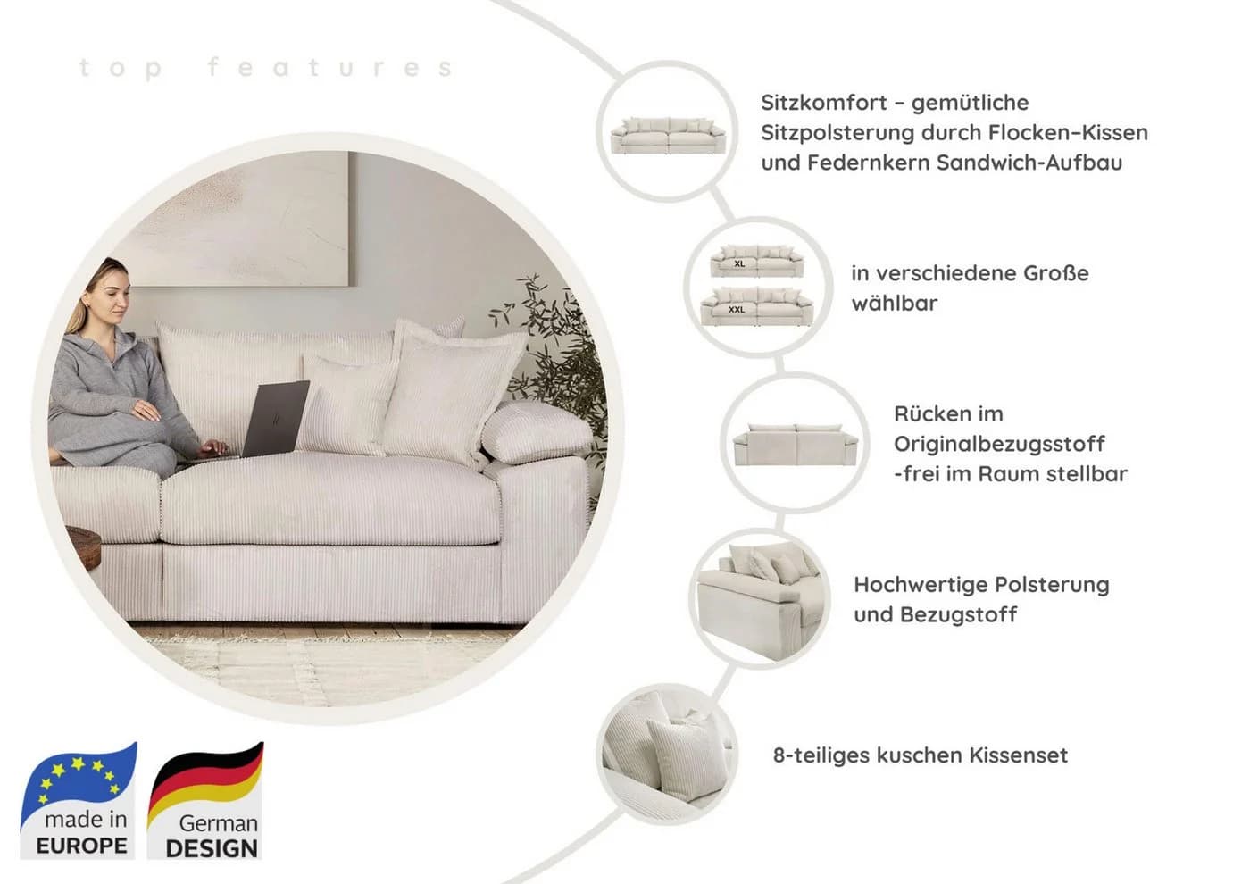 HOME AFFAIRE Big-Sofa Soft&Cosy XXL Taupe Chenille - Bild 3