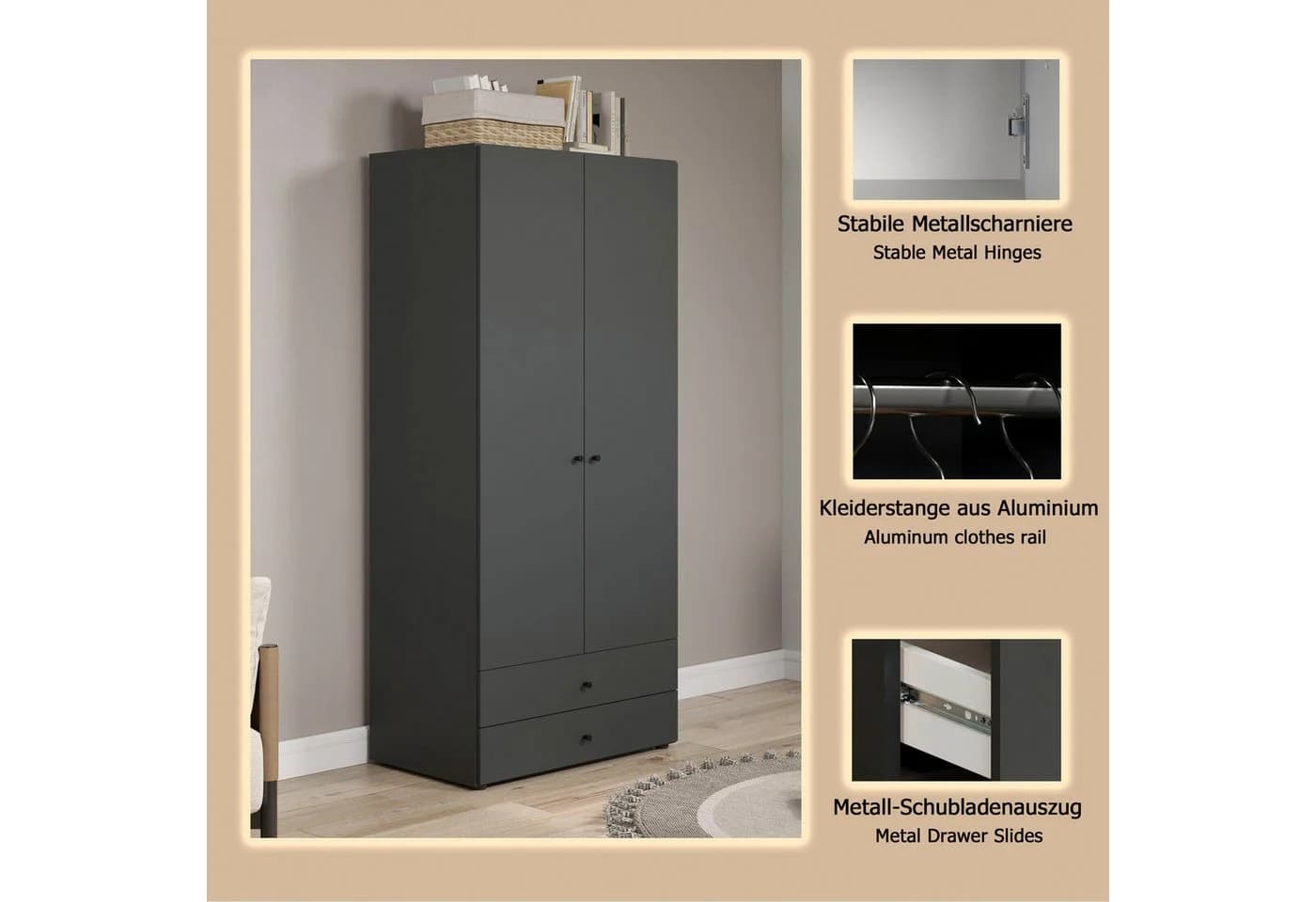 INOSIGN Jersey Kleiderschrank Anthrazit 2 Türen 2 Schubladen - Bild 3