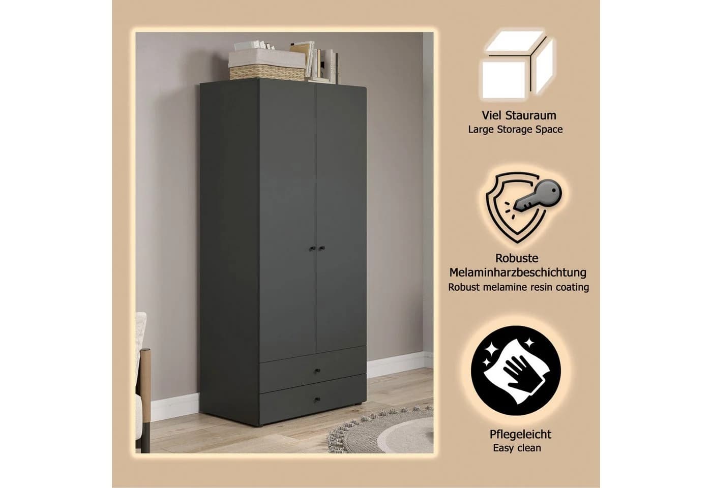 INOSIGN Jersey Kleiderschrank Anthrazit 2 Türen 2 Schubladen - Bild 4