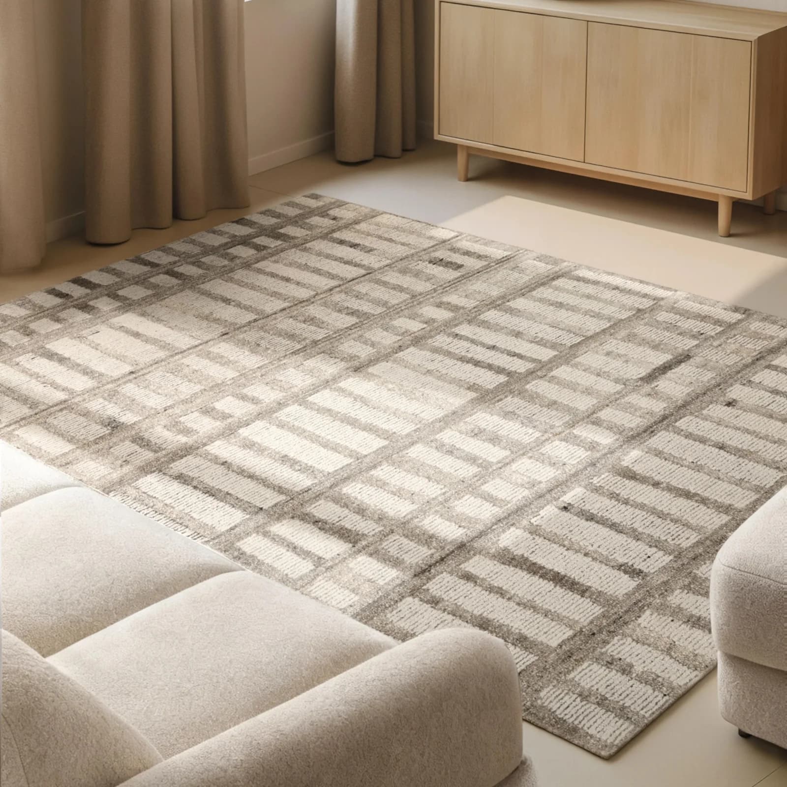 Teppich VIKOSA Linara Creme Braun Wolle Grafisch Streifen