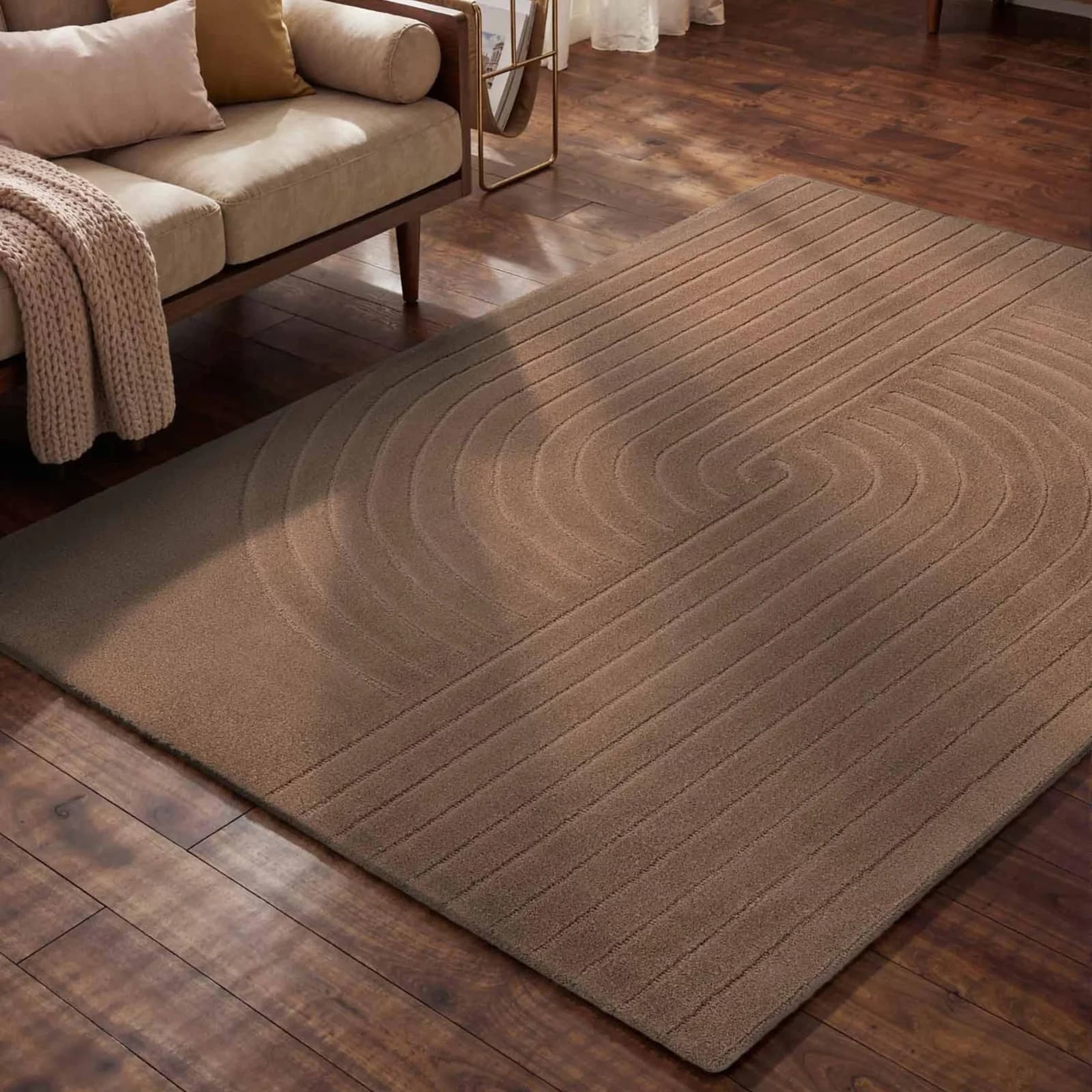 Wollteppich VIKOSA Arcora Beige Geometrisches Linien-Wellendesign