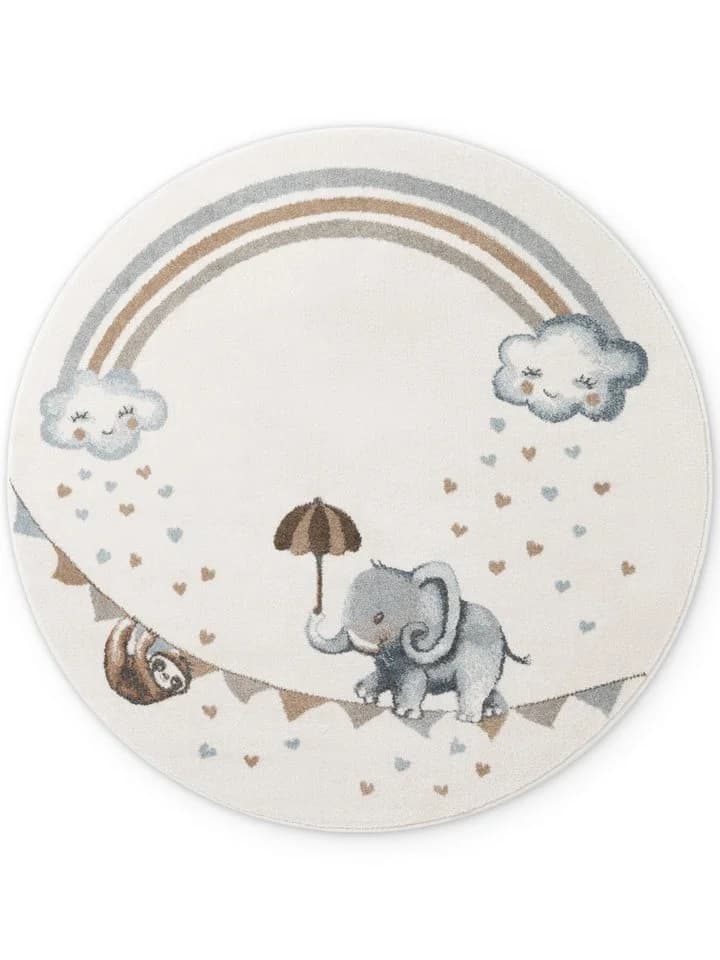 Villeroy & Boch Kinderteppich Walk like an Elephant Rainbow Teppich, rund, Höhe: 9 mm, Spielteppich weich, Kinderzimmer, Boho Kids Spielunterlage, Tieremotiv