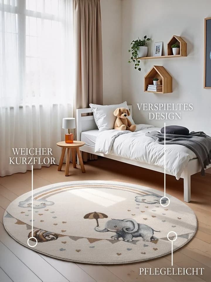 Villeroy & Boch Kinderteppich Walk like an Elephant Rainbow Teppich, rund, Höhe: 9 mm, Spielteppich weich, Kinderzimmer, Boho Kids Spielunterlage, Tieremotiv - Bild 3