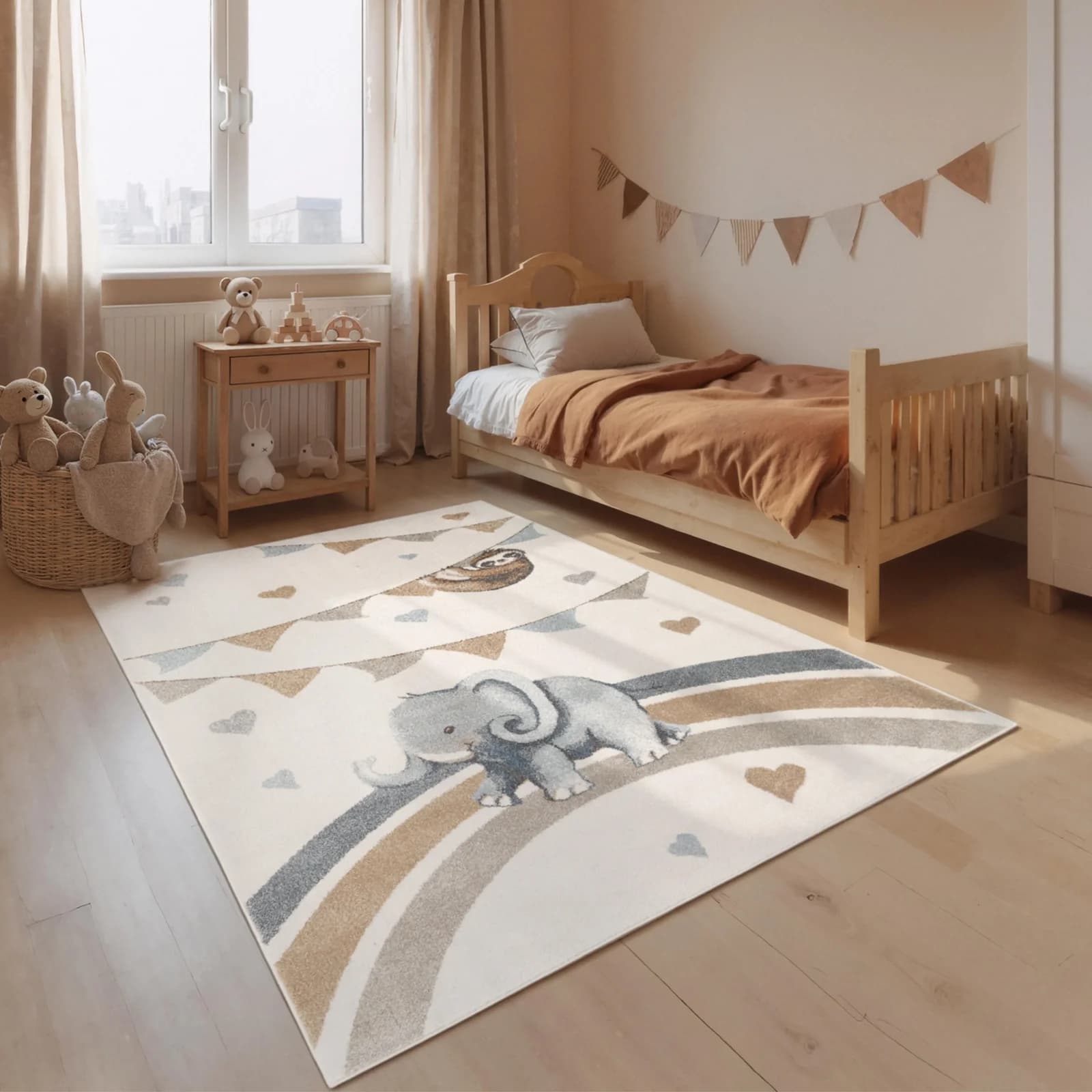 Kinderteppich Boho-Stil mit Tieremotiven und Rainbow Party Design