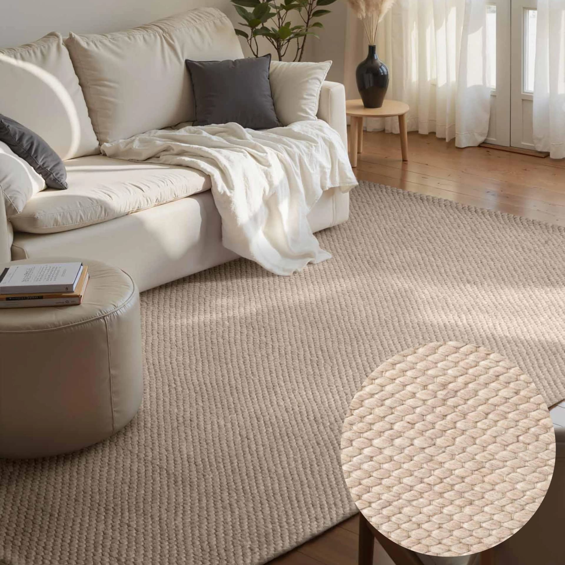 Wollteppich ELLE DECORATION "Beans" Natur Beige Perlenstruktur