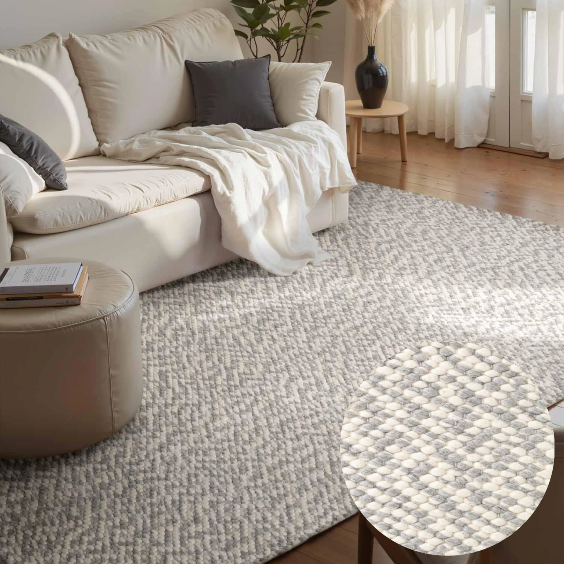 Wollteppich ELLE DECORATION "Beans" Meliert-Grau Wolle Handgewebt