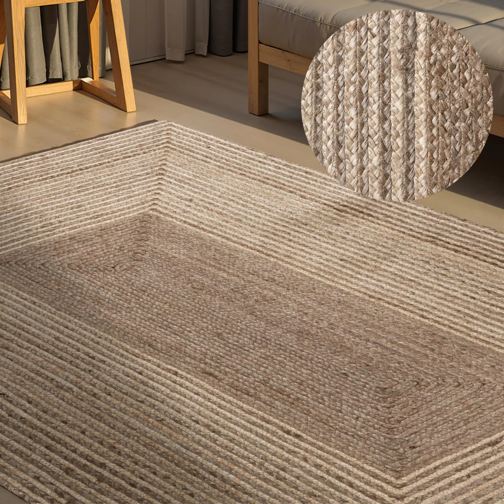 HANSE HOME Juno Line Juteteppich Beige Braun Natur Weiß Bordüre Handgewebt