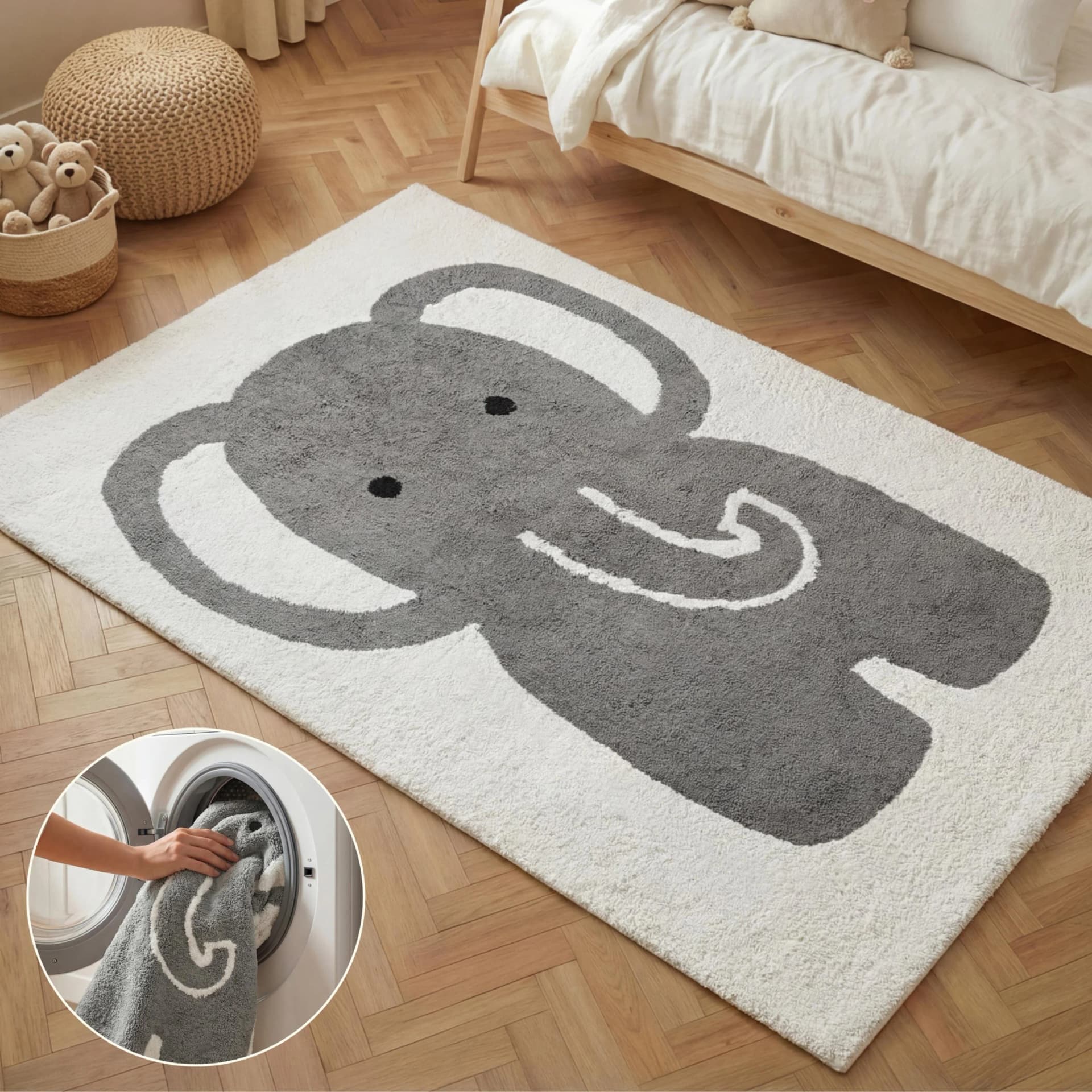 Hanse Home Kinderteppich Emil Grau Beige Elefant