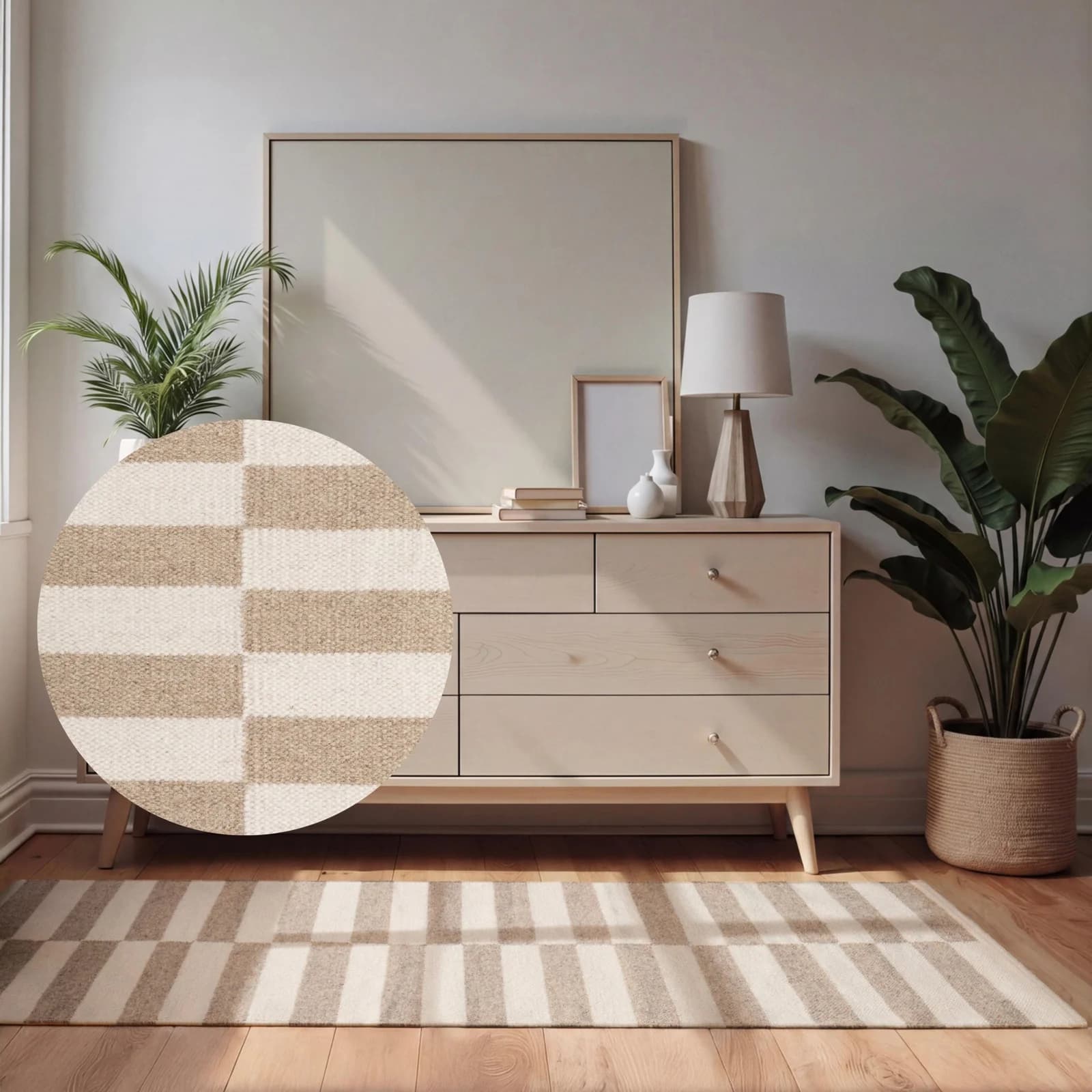 Hanse Home Wollteppich Vika Beige-Weiß Handgewebt Streifen