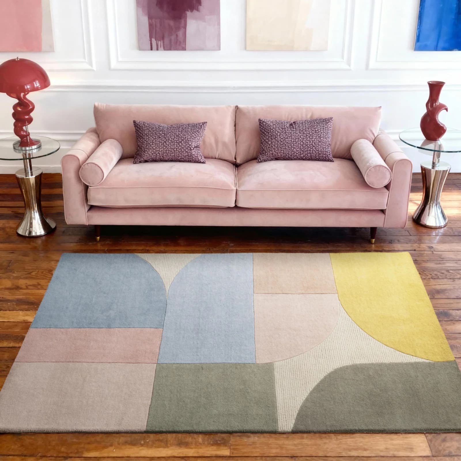 TED BAKER Wollteppich Piccadilly Retro Geometrisch Creme Multifarben