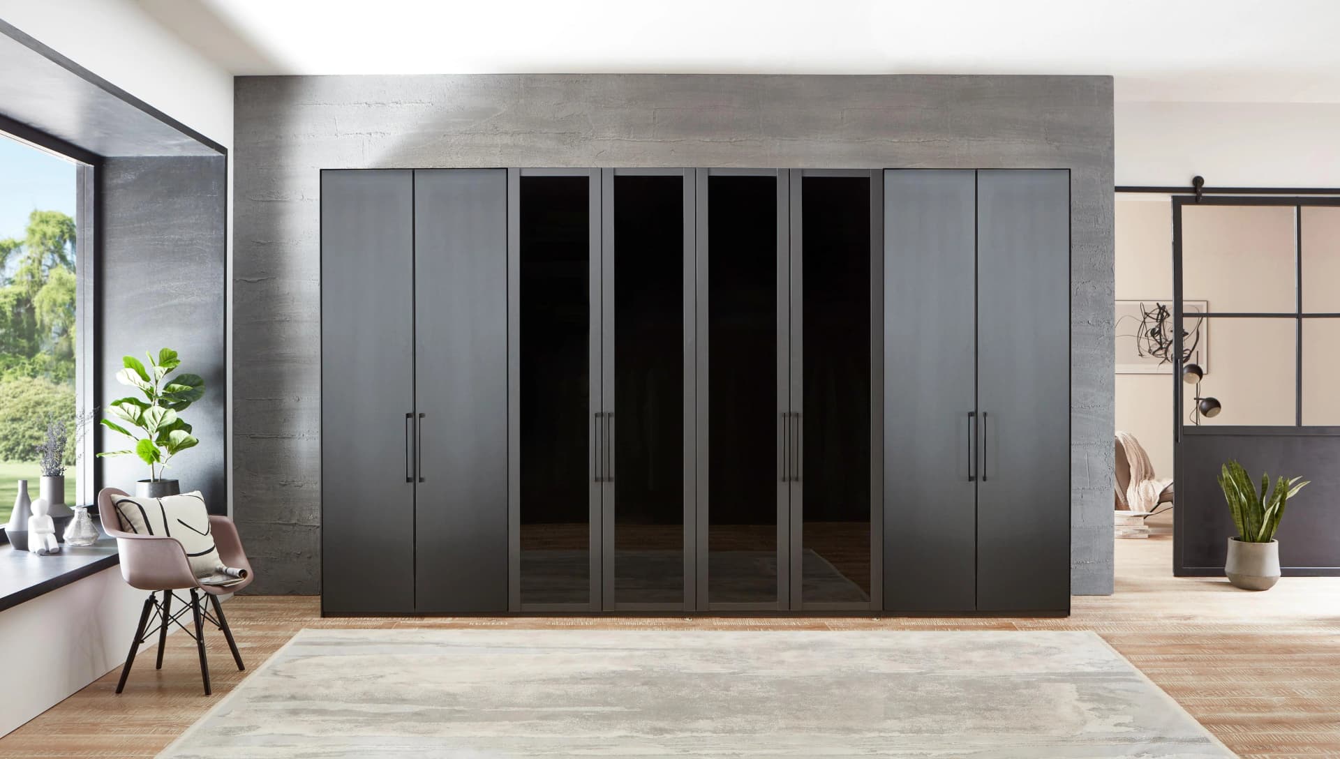 WIEMANN Split Kleiderschrank Grau mit Glas und Türendämpfung