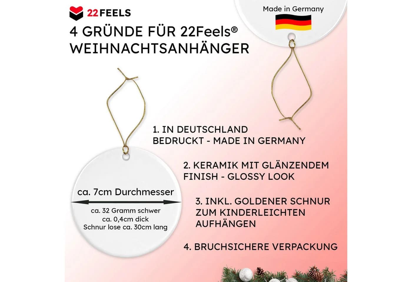 22Feels Weihnachtsbaumkugel Keramik Weiss Patentante Motiv - Bild 3