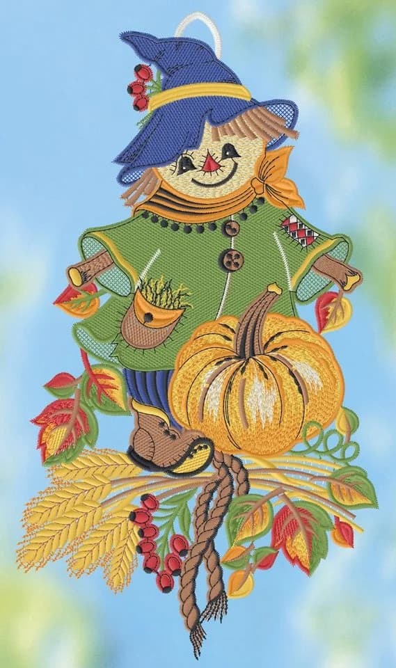 Plauener Spitze® Fensterbild Herbstliche Vogelscheuche Bunt