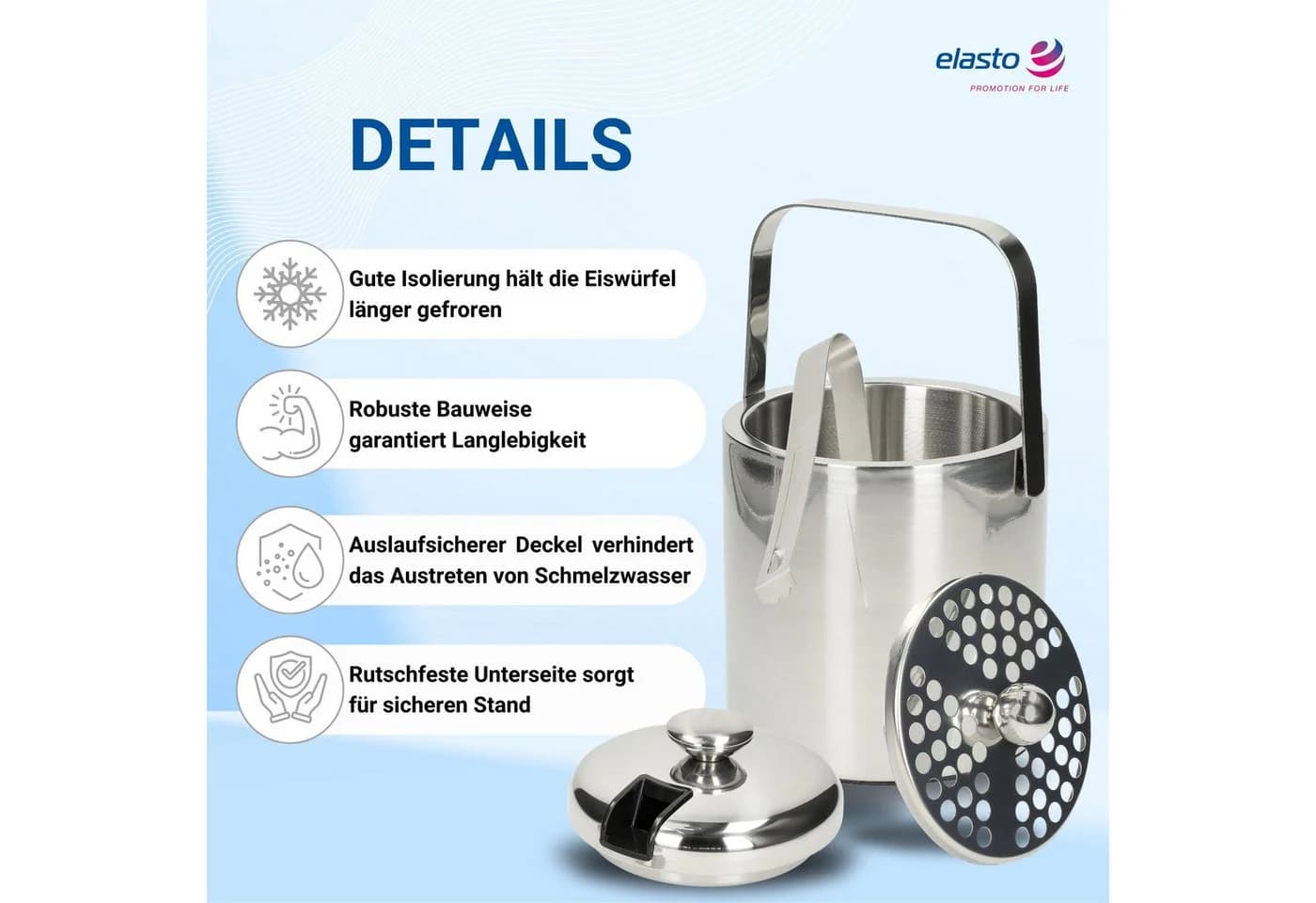 elasto Eiswürfelbehälter ARCTIC Edelstahl mit Zange & Sieb