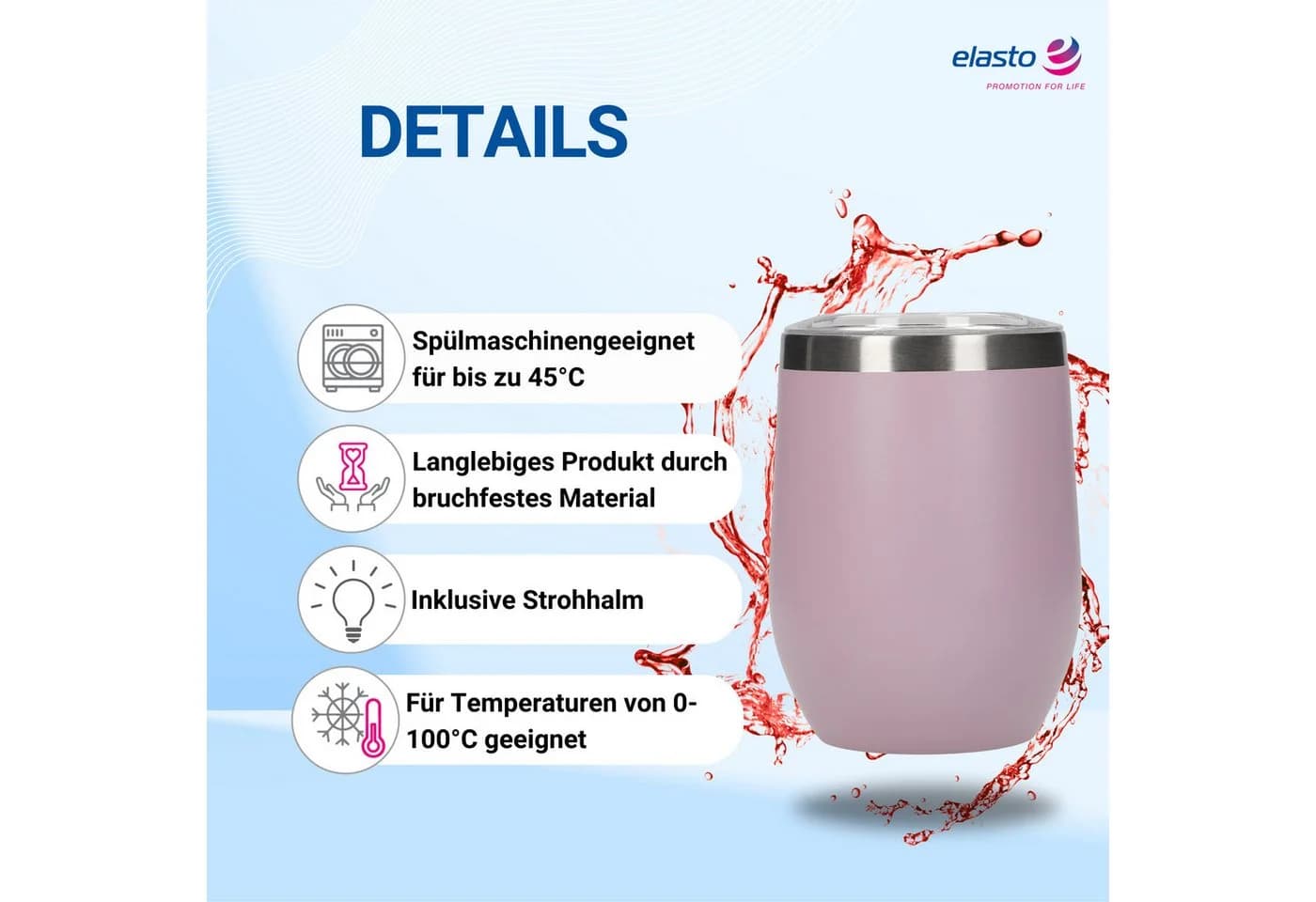 elasto Weinbecher Vinova 350 ml Edelstahl Lila mit Strohhalm