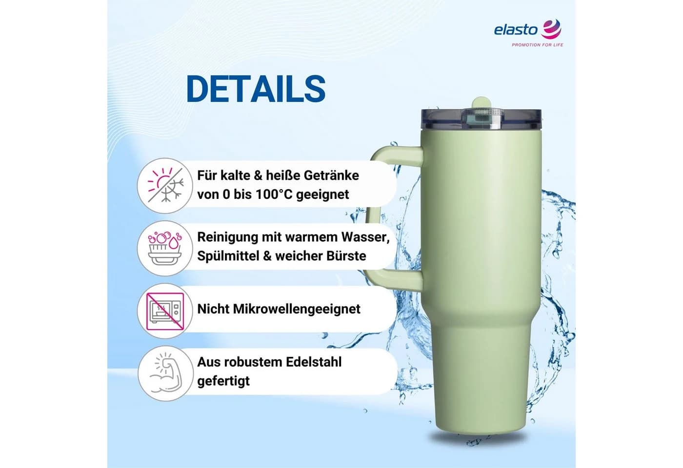 elasto Trinkbecher Edelstahl 1,2L isoliert grün mit Deckel
