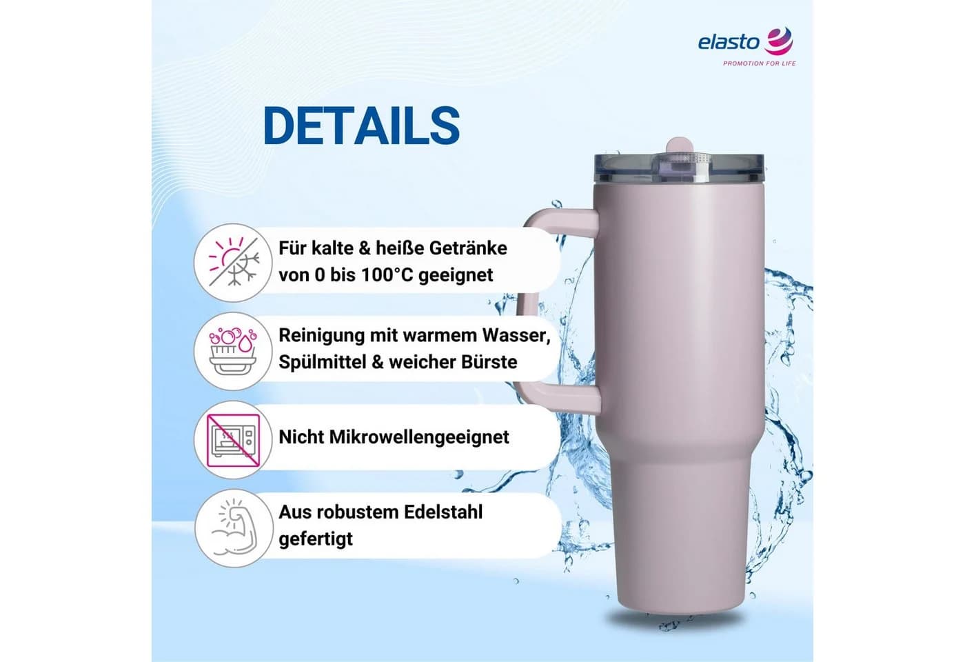 elasto Trinkbecher Edelstahl 1,2L mit Deckel & Strohhalm Violett