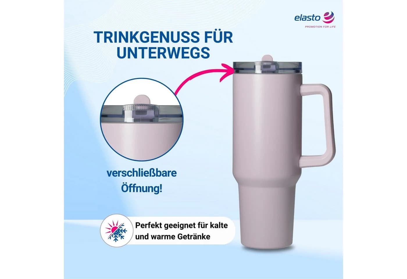 elasto Trinkbecher Edelstahl 1,2L mit Deckel & Strohhalm Violett - Bild 3