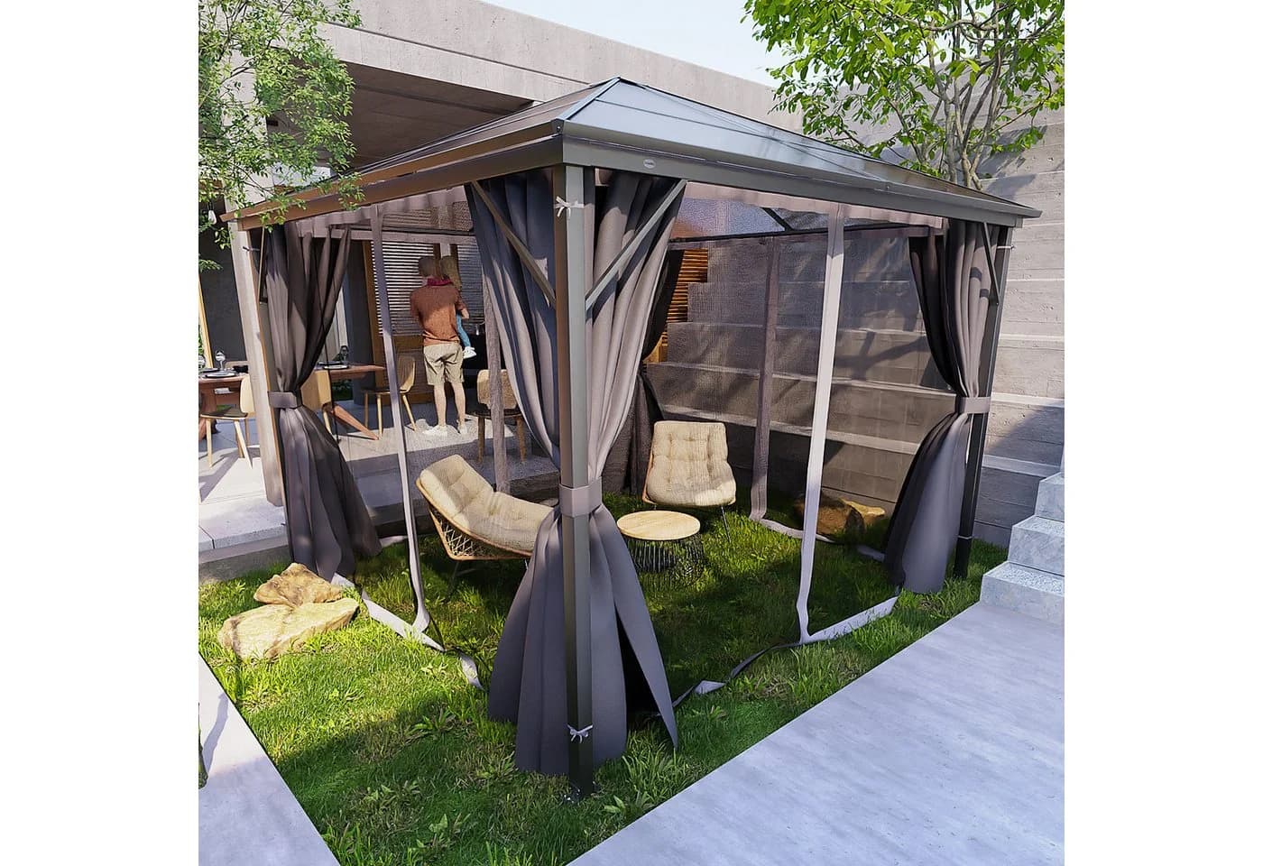 GARMIO® Pavillon 3x3m Garten Überdachung mit Polycarbonat-Dach & Moskitonetz - Bild 5