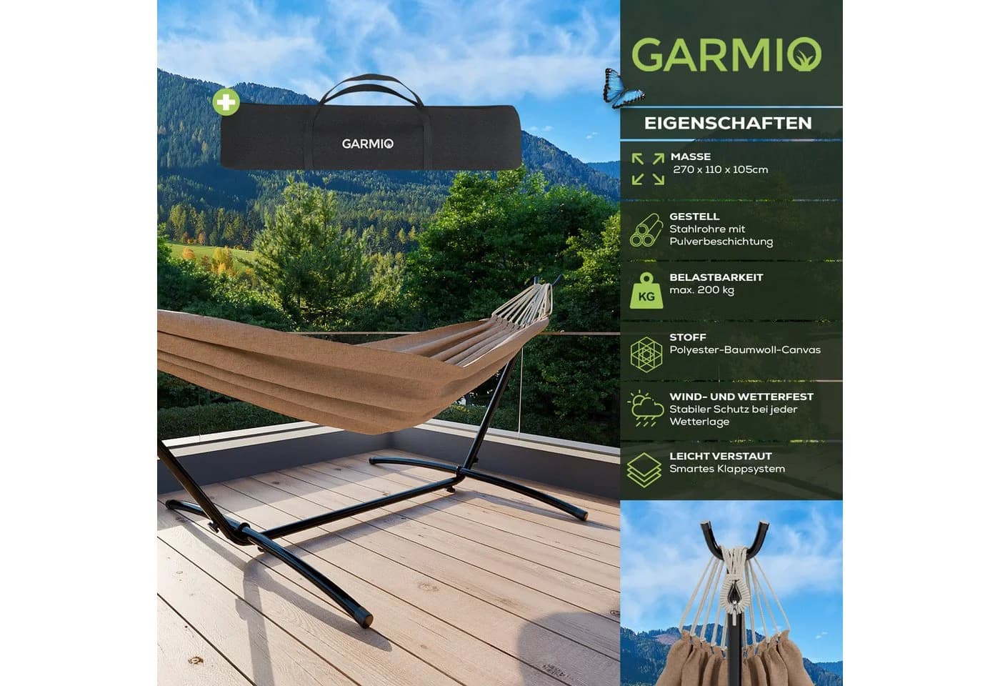 GARMIO Hängematte mit Gestell Braun 200kg Tragkraft - Bild 4