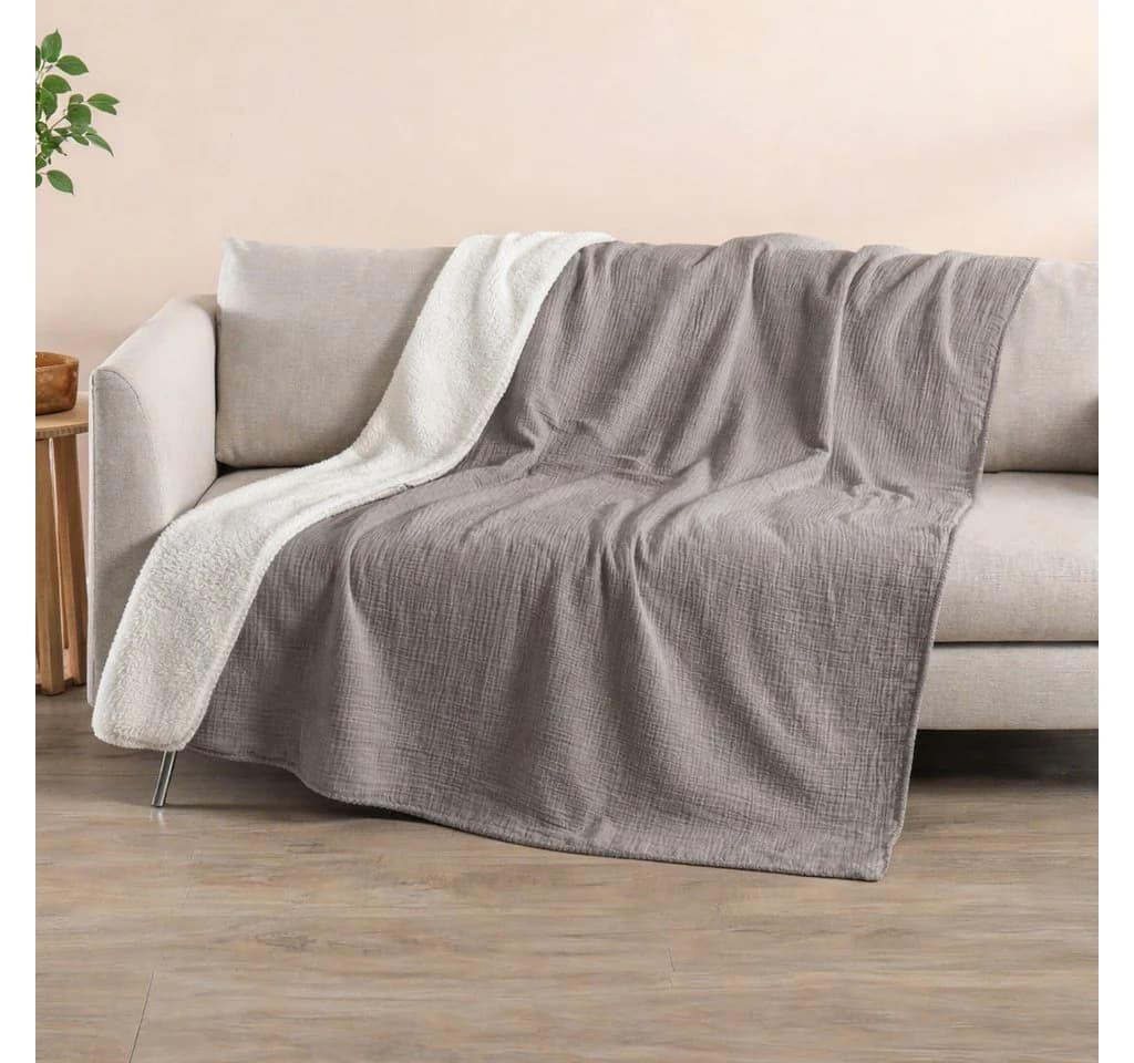 Home Creation Musselin Decke Grau 130x180 cm Kuscheldecke Baumwolle Fleece - Bild 3