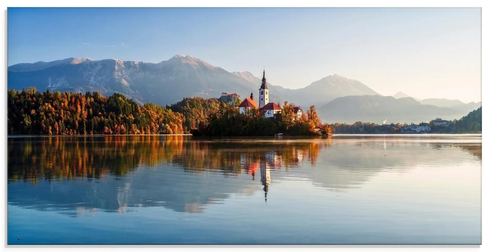 Glasbild ARTLAND Herbst am Bleder See Slowenien Blau