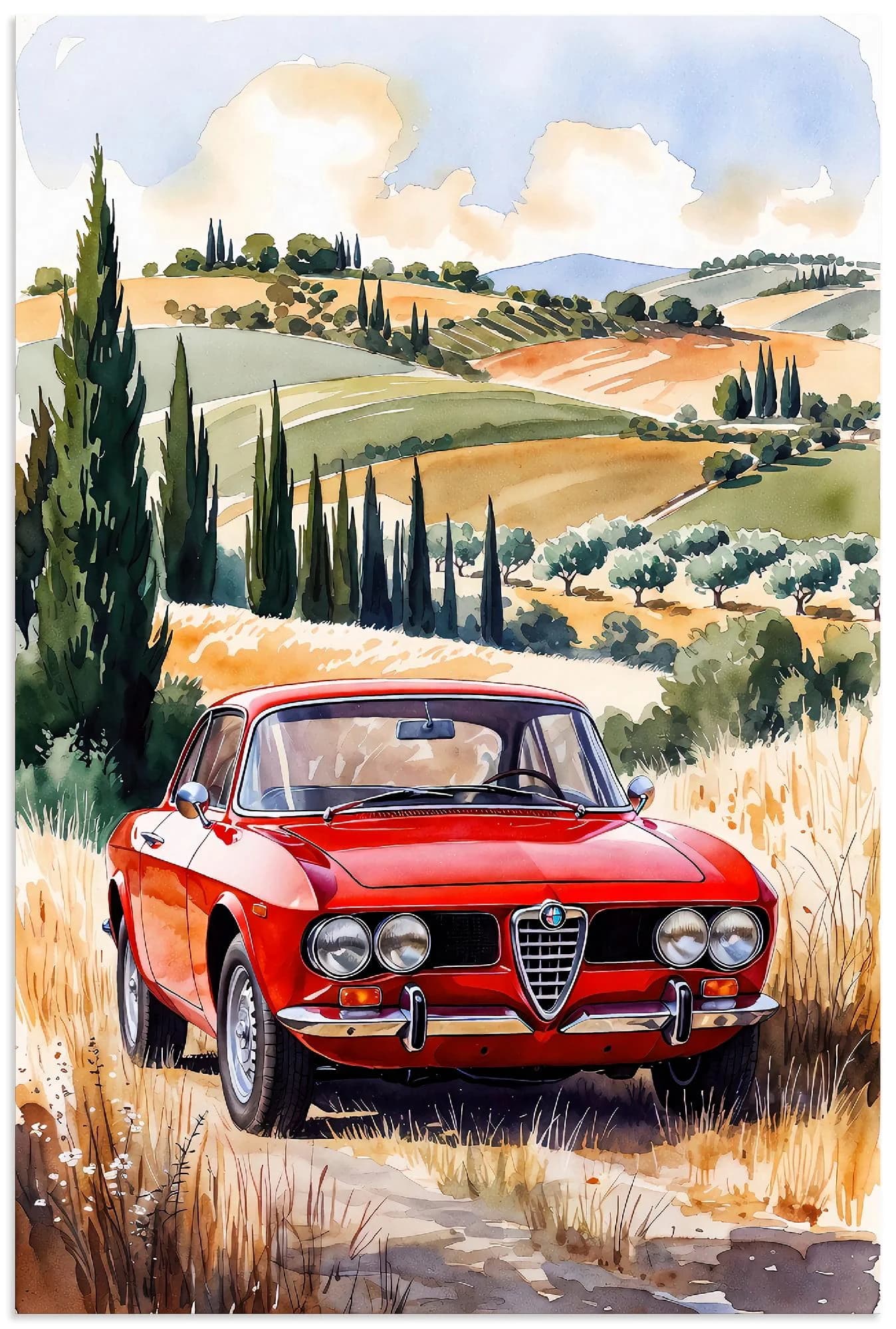 Artland Wandbild Roter Alfa Romeo in der Toskana Alu Dibond Rot